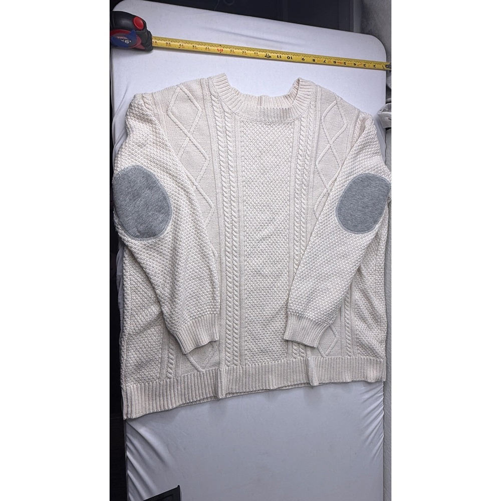 BDG Urban Outfitters Cream Cable Knit Sweater Grey Elbow Patches Mens Medium